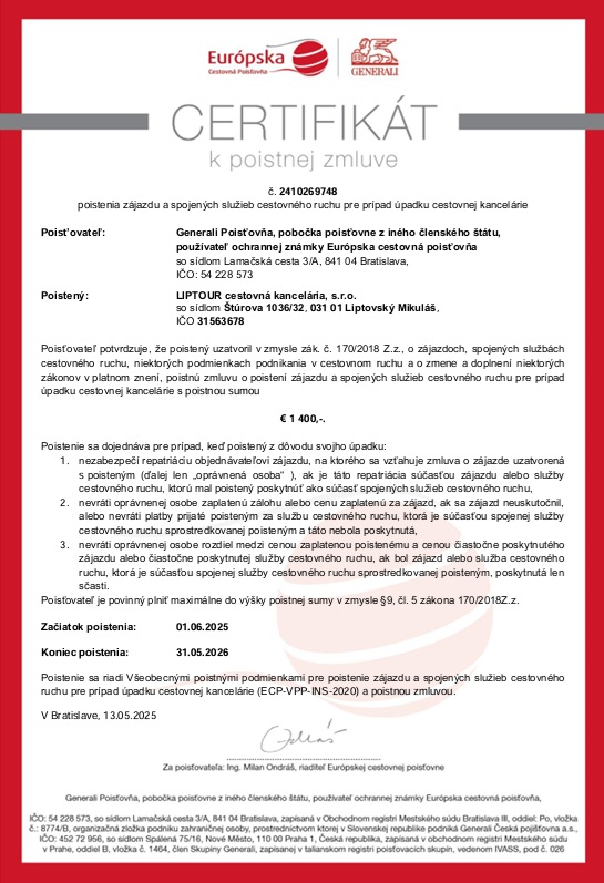 Poistenie proti úpadku - Certifikát 2025